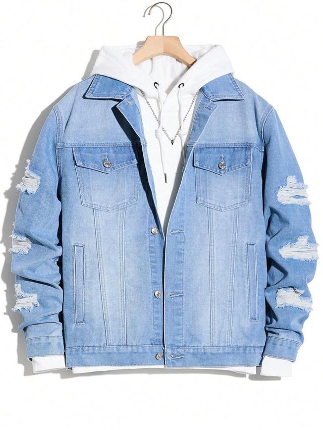distressed light wash denim long sleeve jacket