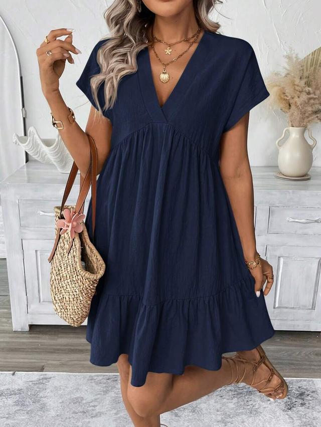 navy blue v-neck short tiered beach dress