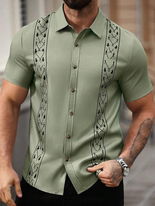 sage green vintage print short sleeve button down shirt