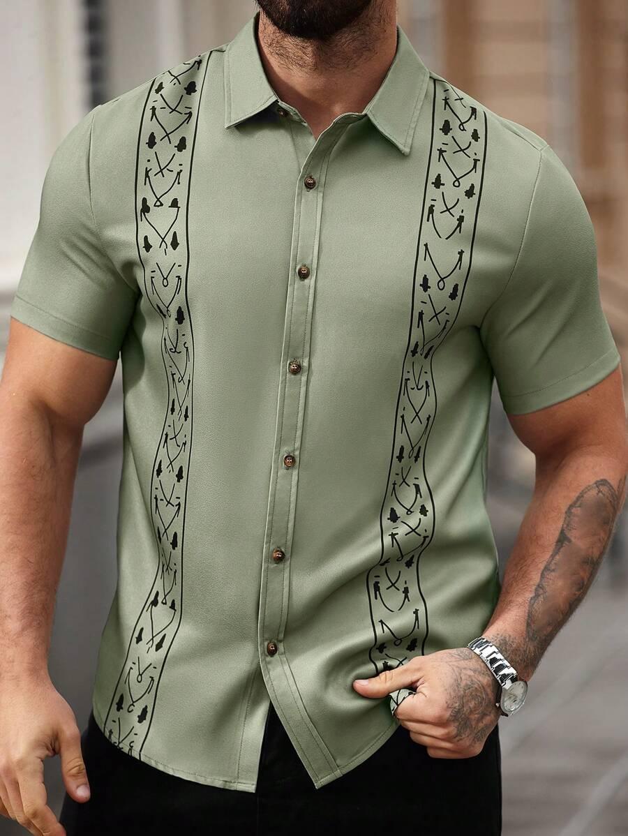 sage green vintage print short sleeve button down shirt