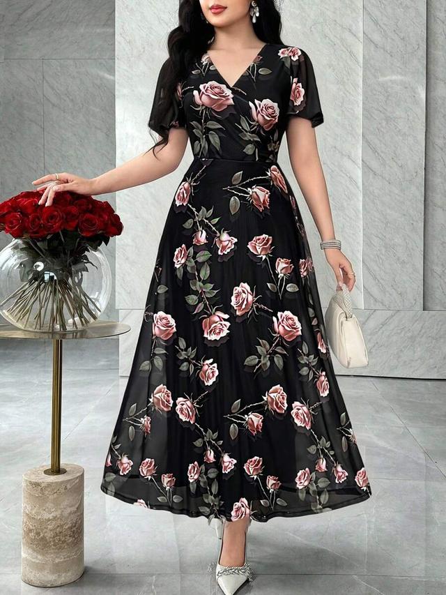 feyla new vintage elegant v-neck cinched waist rose dress