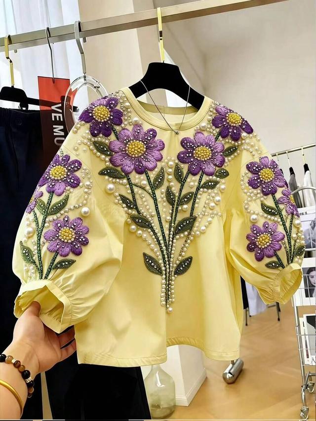 yellow round neck puff sleeve floral embroidered blouse