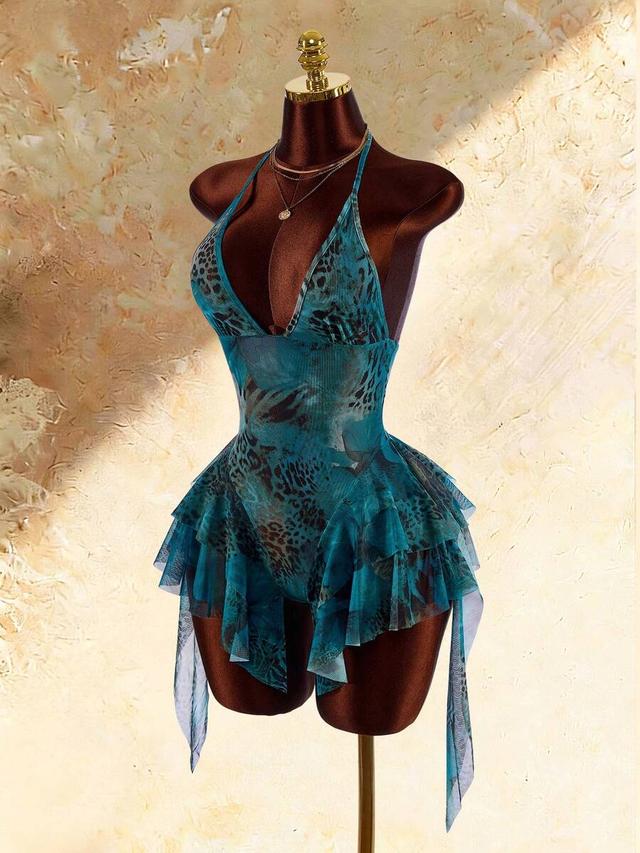 teal animal print v-neck ruffle hem bodycon jumpsuit