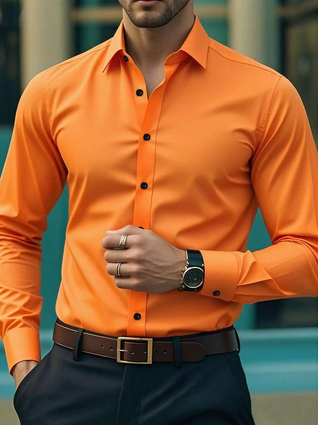 men solid orange long sleeve business formal shirt