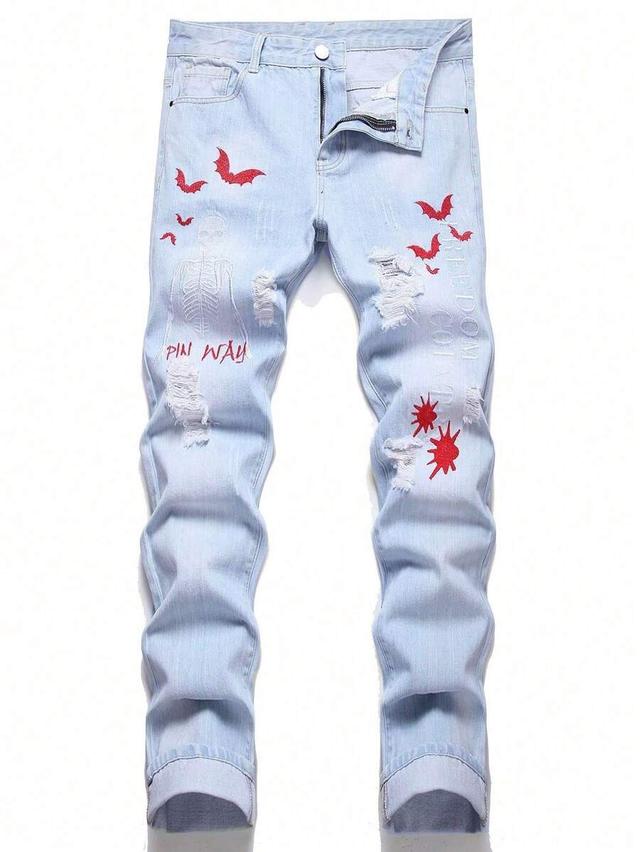 light wash emo style embroidered straight leg jeans