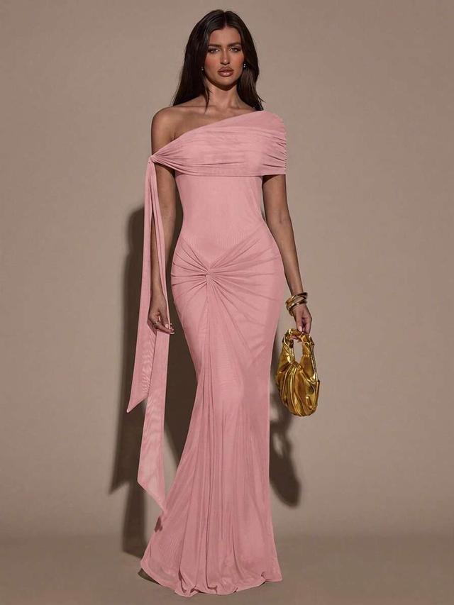 pink asymmetric shoulder twist ruched fishtail dress