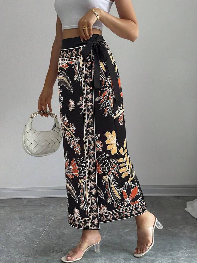 elegant commuter floral print tie-wrap midi skirt