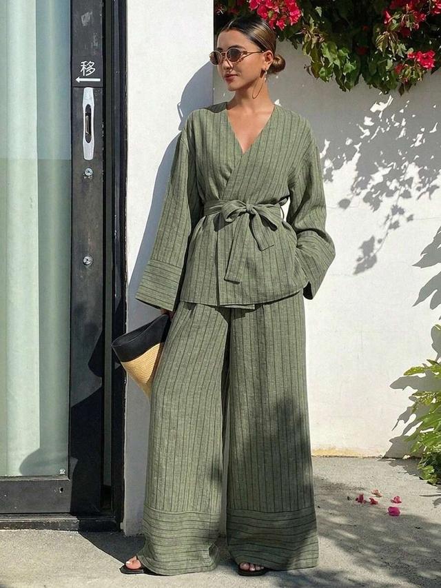sage green striped linen blend wide leg trousers