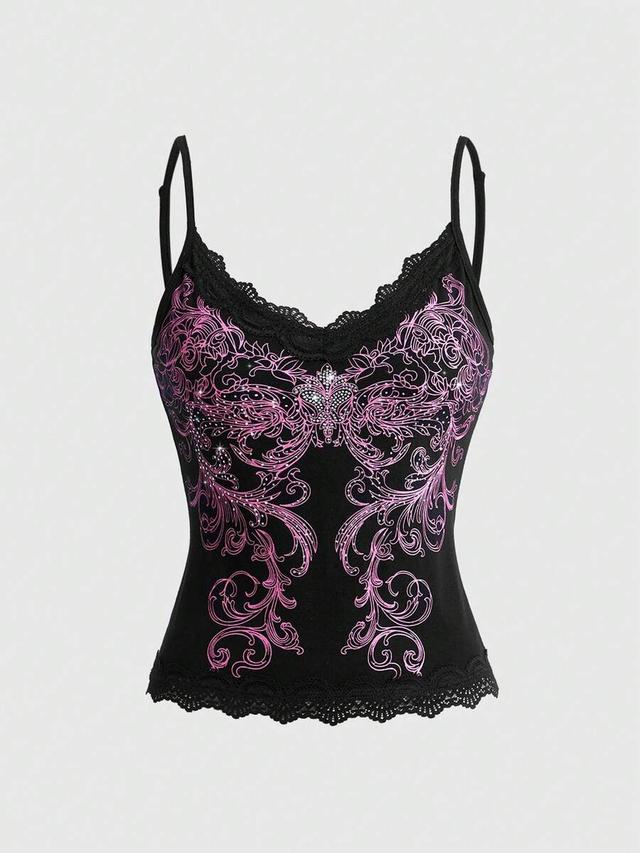 fairycore black camisole with pink lace and rhinestones