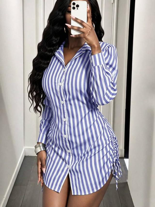 blue and white striped cinched waist shirt dress