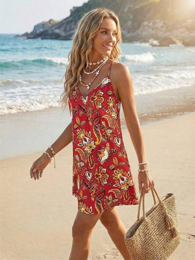 red bohemian floral print v-neck backless vacation dress