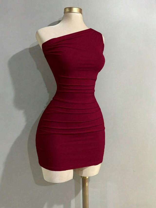burgundy one-shoulder ruched bodycon mini dress
