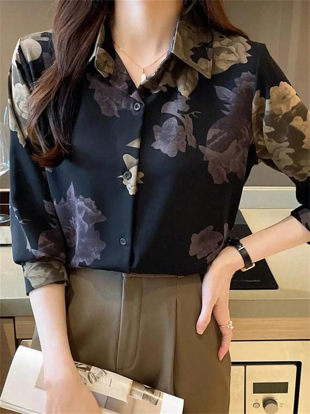 women floral print casual long sleeve blouse