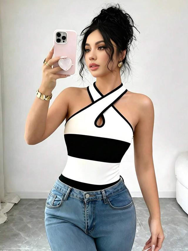 apricot and black color block criss-cross halter bodysuit
