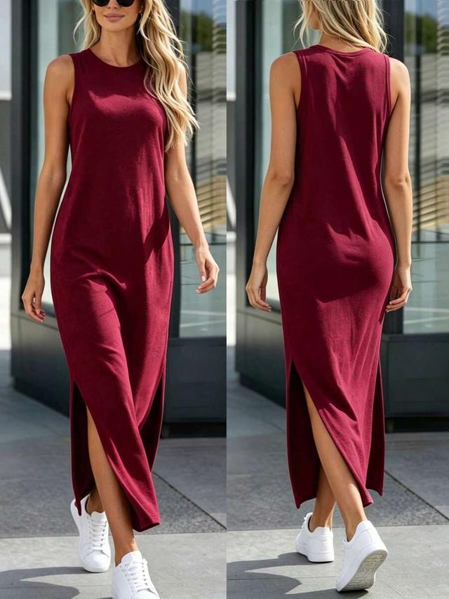 silhoulove summer casual solid color side slit sleeveless dress