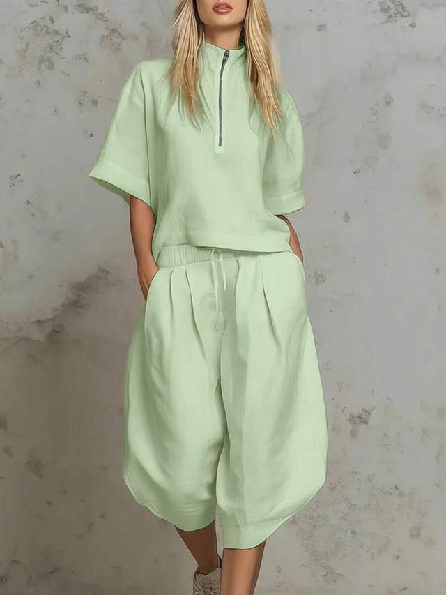 textured linen blend stand collar half zip top
