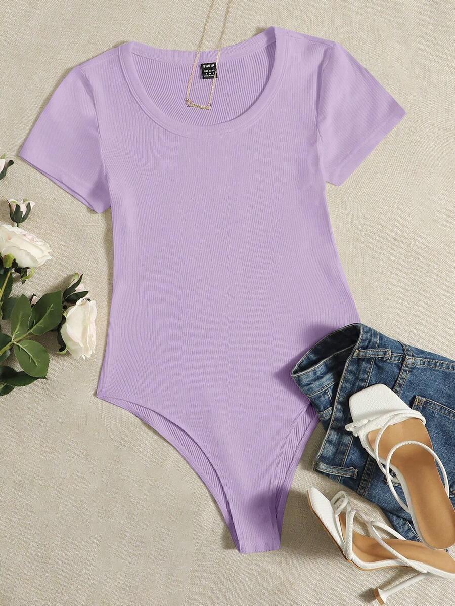 solid lavender ribbed knit short sleeve bodysuit