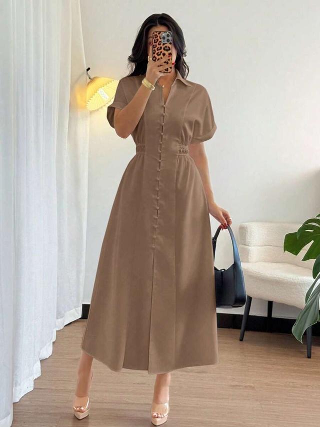 coffee brown button front waist cinching shirt dress
