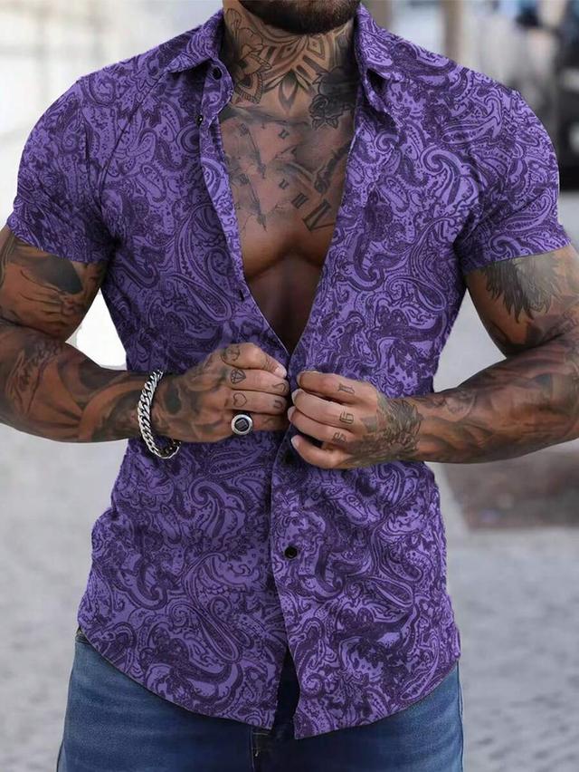 purple paisley print short sleeve summer shirt