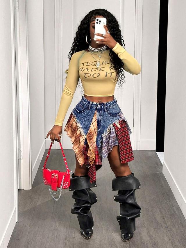 asymmetrical patchwork denim and plaid mini skirt