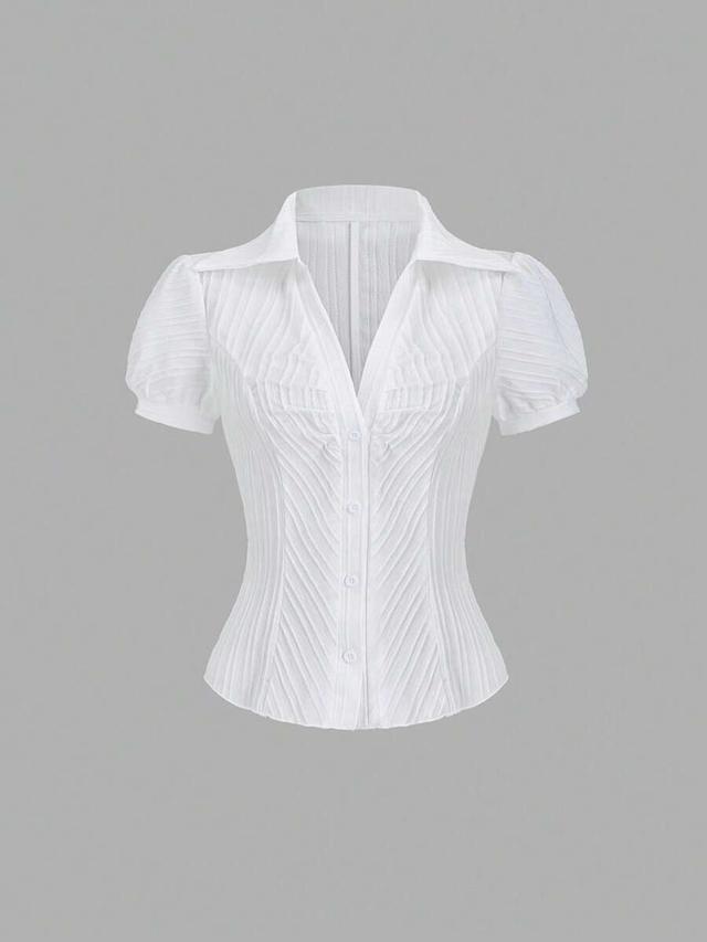 white v-neck single-breasted pleated short sleeve blouse
