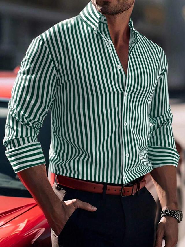 men's green and white striped long-sleeved button-up shirt