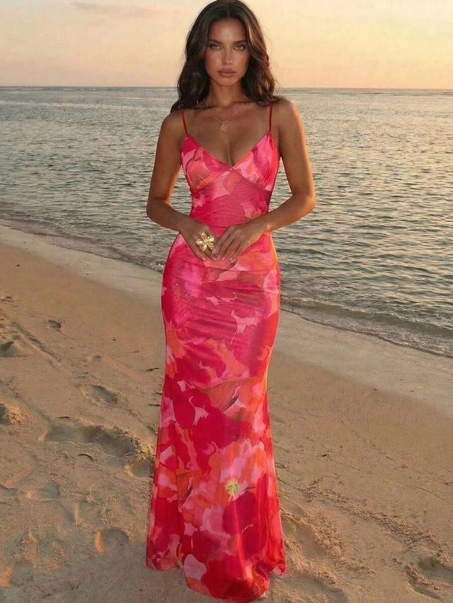 floral pink tropical print backless spaghetti strap dress