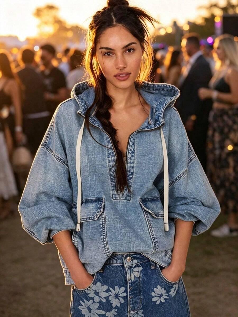 loose casual washed denim hooded jacket