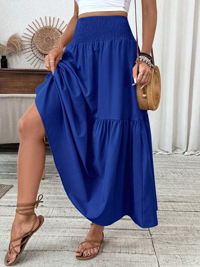 women's long blue ditsy floral ruffle hem skirt
