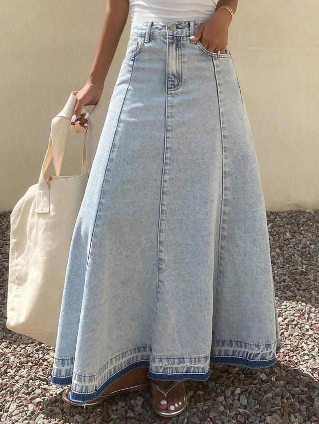 light wash denim maxi skirt with panel construction