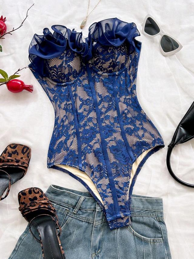 soleia navy blue lace strapless ruffled bodysuit