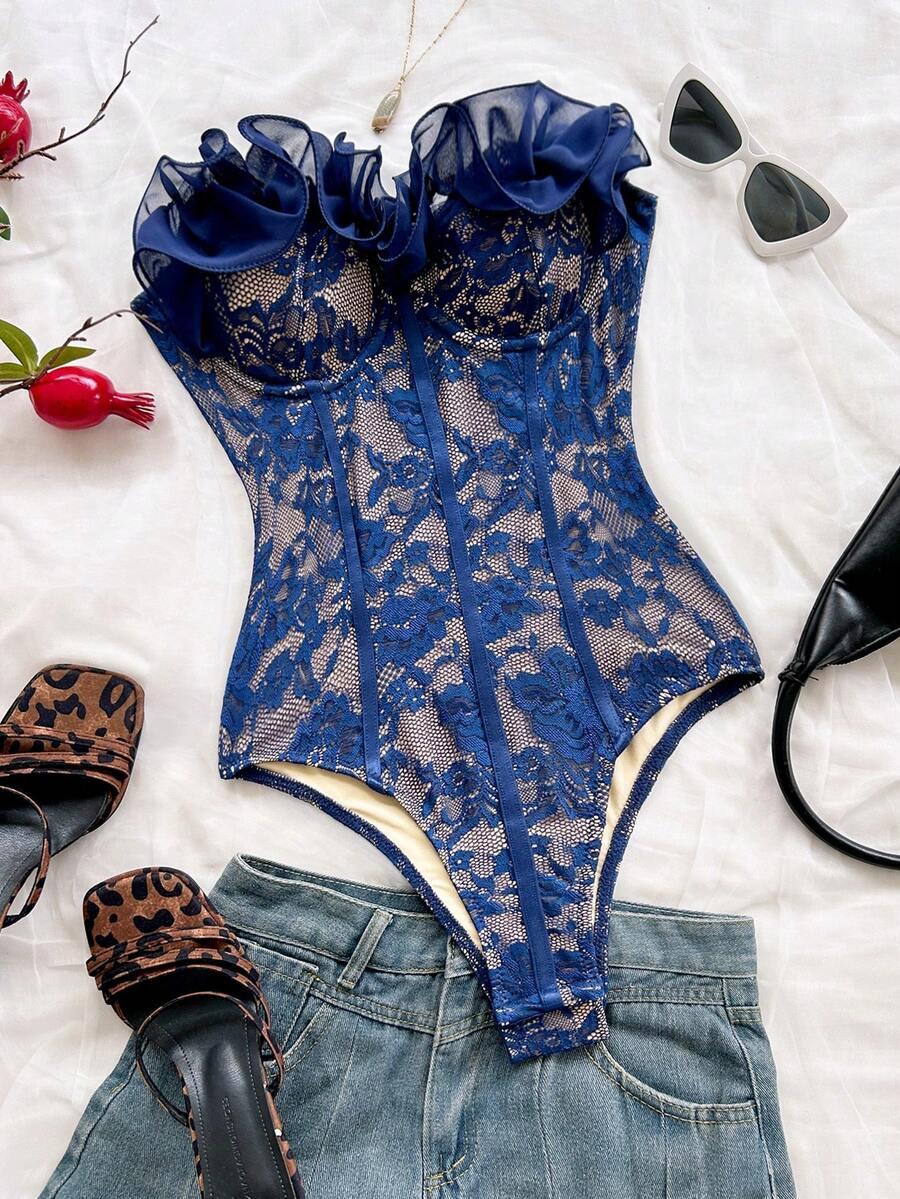 soleia navy blue lace strapless ruffled bodysuit