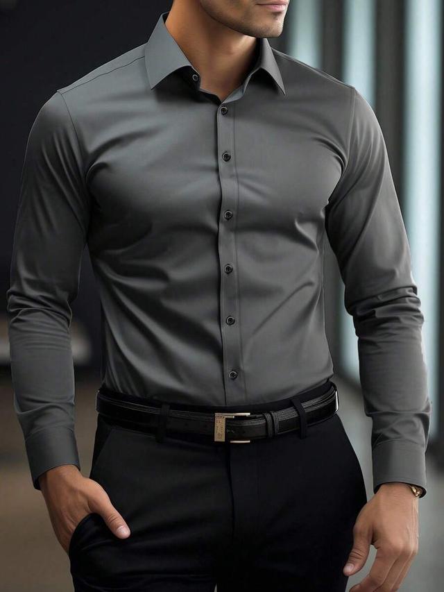 dark grey long sleeve button front formal shirt