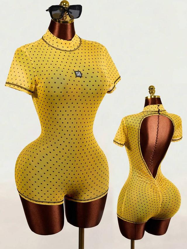 yellow polka dot mesh bodysuit