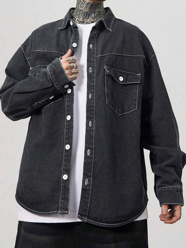 washed gray denim shirt with contrast stitching