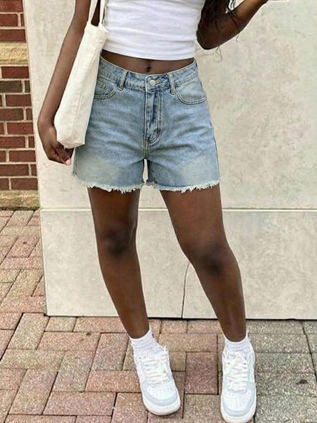 light wash denim frayed hem shorts