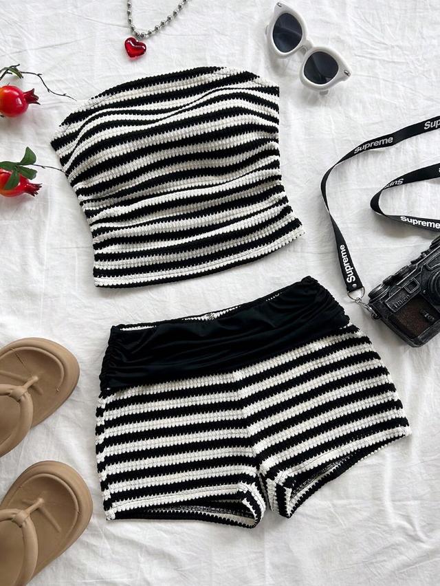 striped ruched tube top and low waist shorts set
