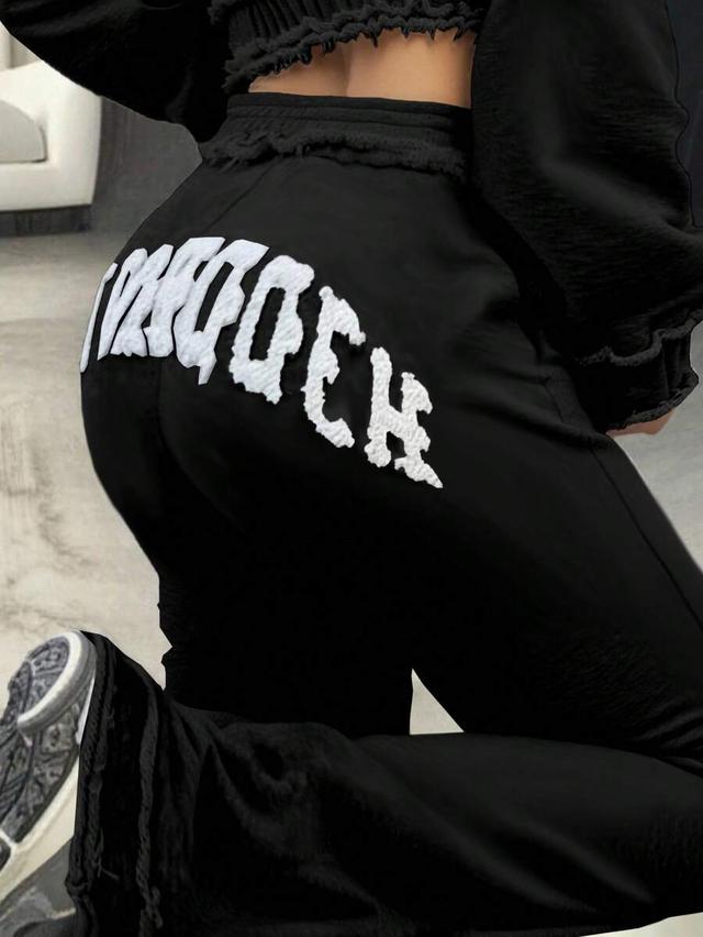 women's floral embroidered black wide leg sweatpants