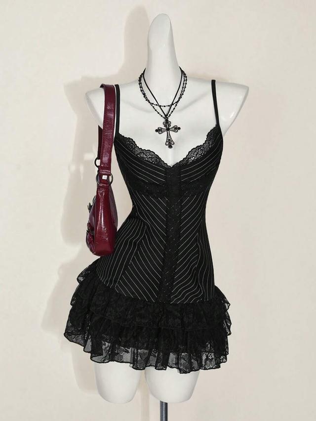 striped pinstripe corset mini dress with lace hem