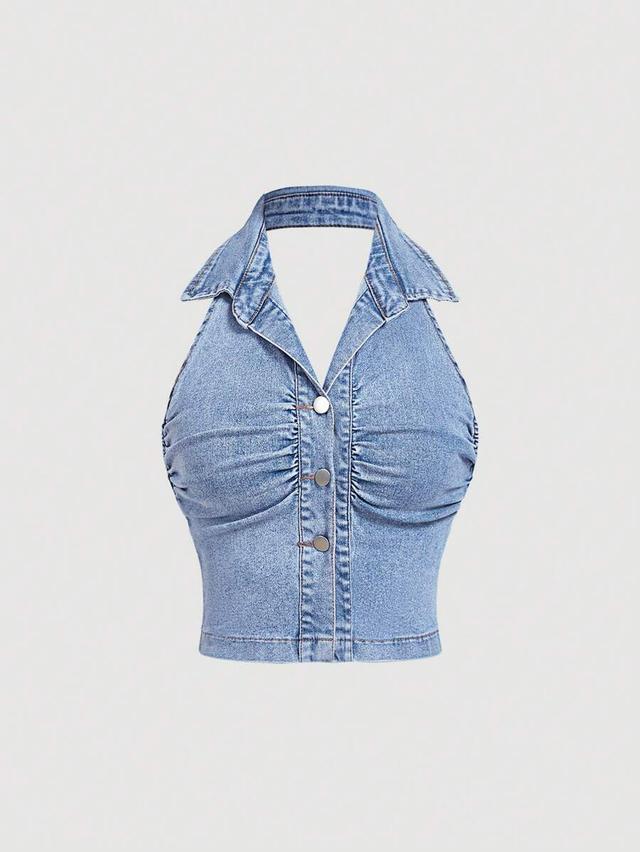 light wash denim pleated halter neck top