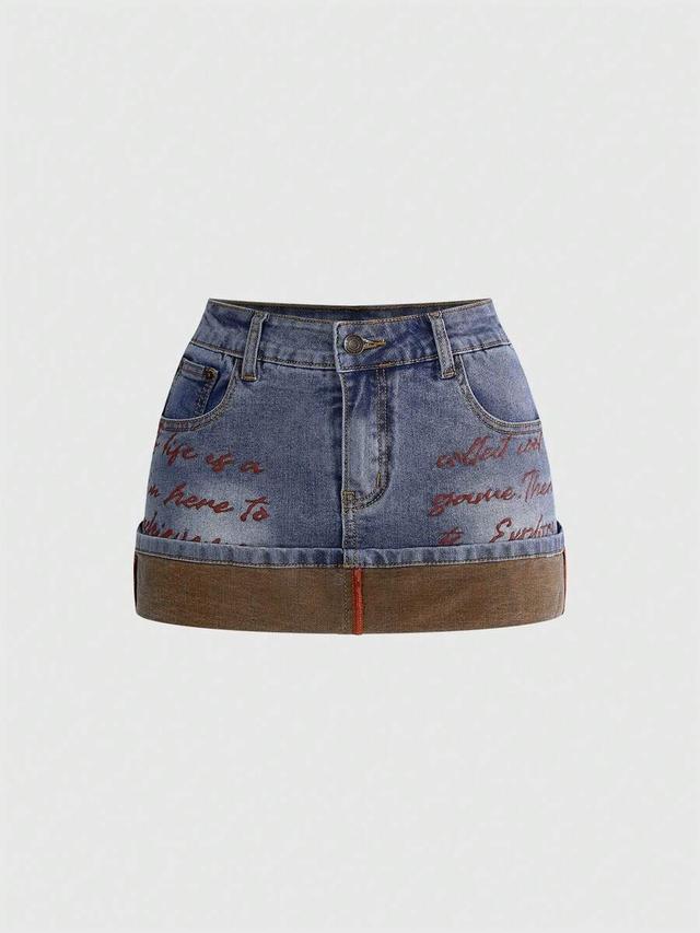 denim mini skirt with contrast cuff and script print