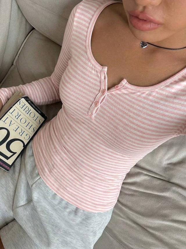 pink striped long sleeve henley top