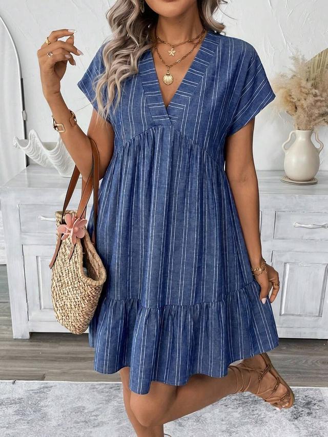 blue striped linen blend v-neck tiered dress
