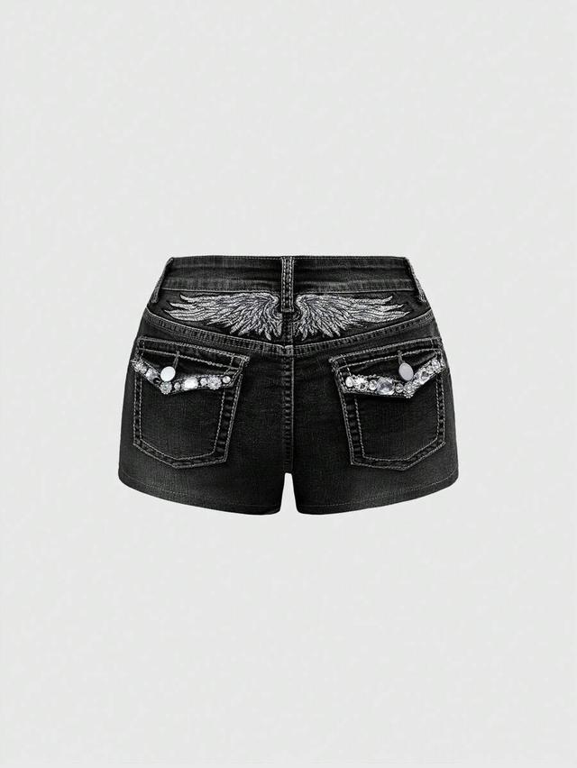 black denim shorts with wing embroidery and crystal embellishment