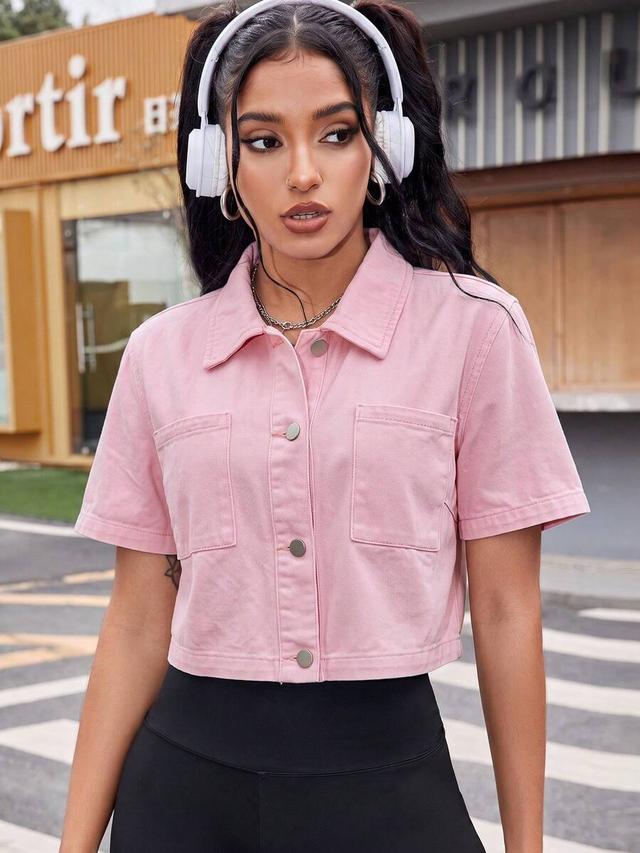 pink casual loose short sleeve denim cropped shirt
