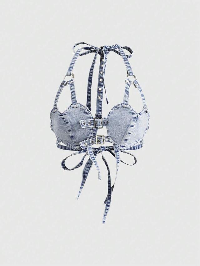 y2k heart halter tie denim crop top