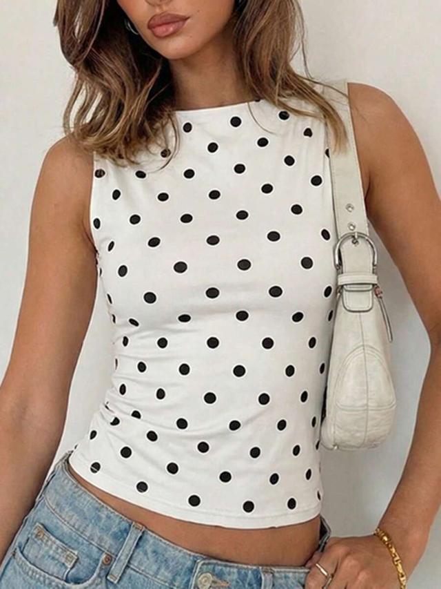 women's white polka dot sleeveless casual tank top