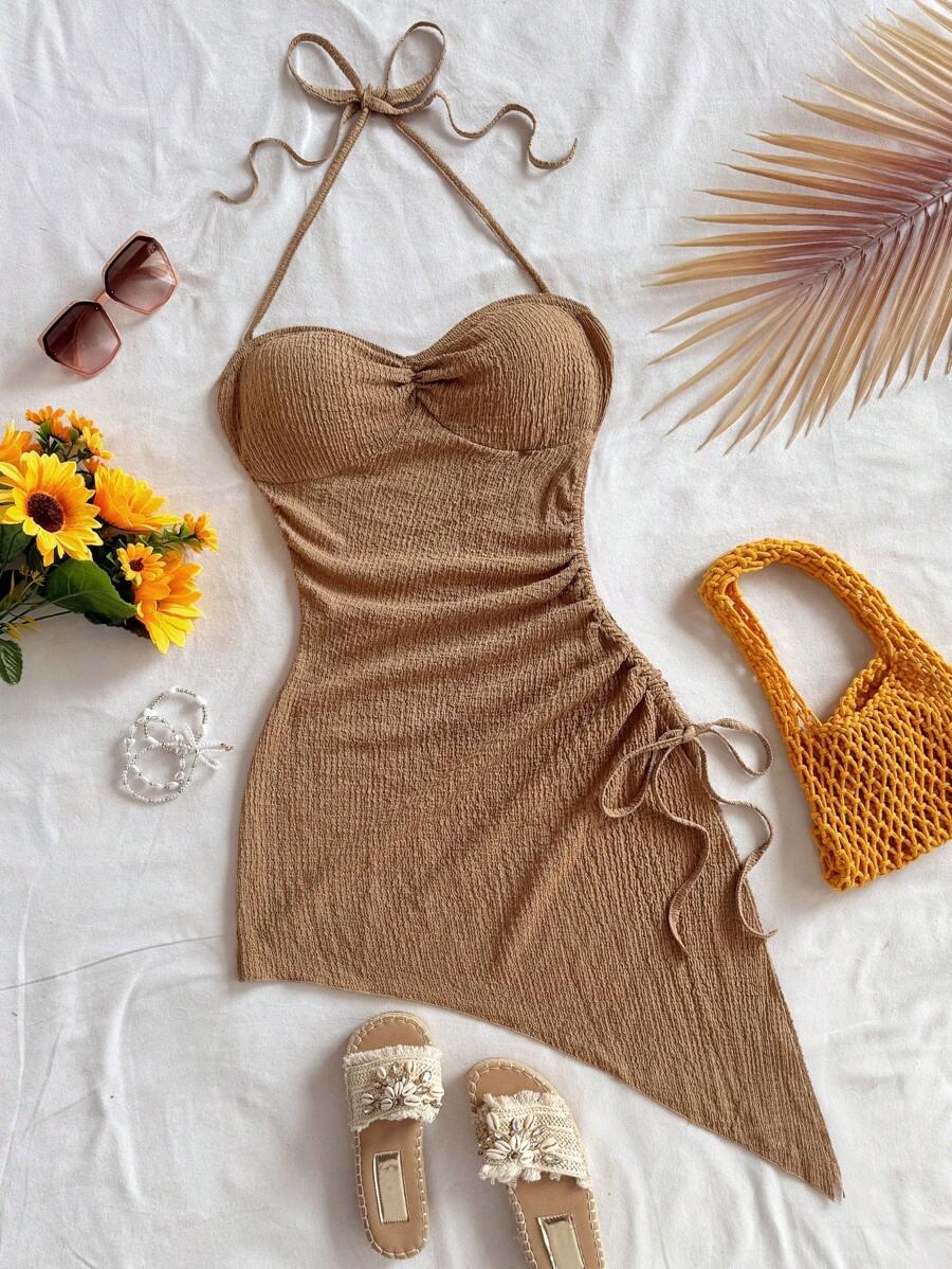 brown textured halter neck mini dress with side ruching