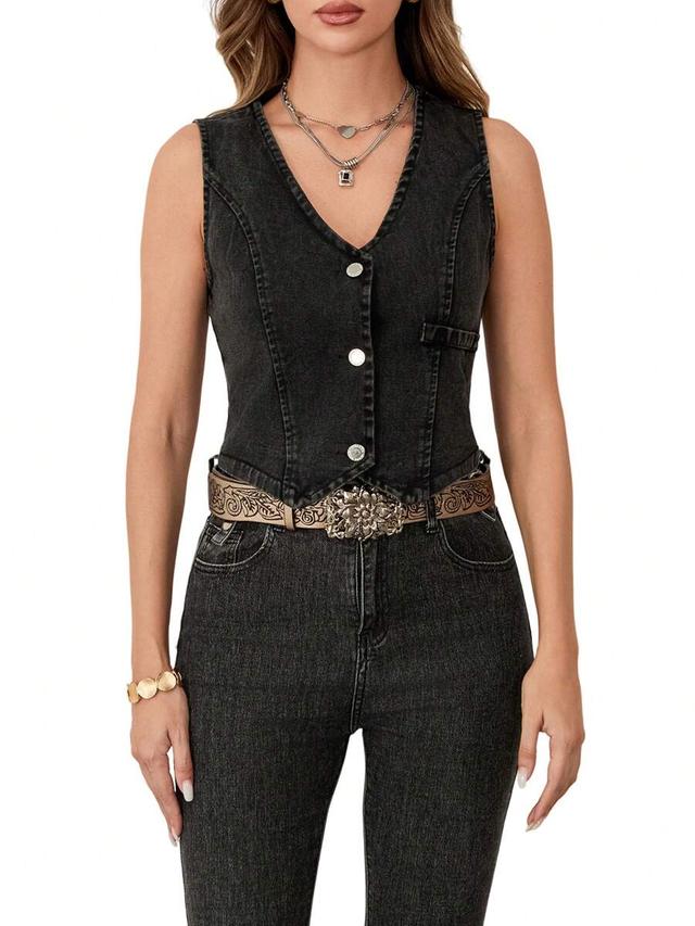 black denim button down sleeveless vest top