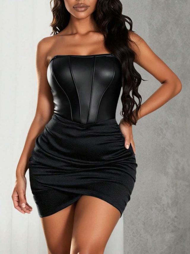 vavabold solid ruched side tulip hem pu leather dress